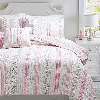 Cozy Line Home Fashions Pink Rose Romantic Chic Lace Floral Flower Printed 3D Stripe Cotton Bedding Quilt Set Reversible Coverlet Bedspread Girls Women (Twin - 2 Piece)