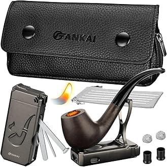 Pipe Set, Pipe Lighter, Pipe Pouch, Wood Pipe with 2 Filter Balls,2 Pipe Bits,5 Pipe Cleaners, Refillable Butane Lighter with Stand, 3 in 1 Cleaning Tools, Pipe Bag for 2 Pipes, Pipe Gift Set (Black)