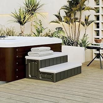 KUAFU Universal 36’’ Spa Hot Tub Steps with Storage, 350lbs Load Capacity, Outdoor Indoor Compartment, Spa Stairs, Slip Resistant Striped, Light Gray+Black