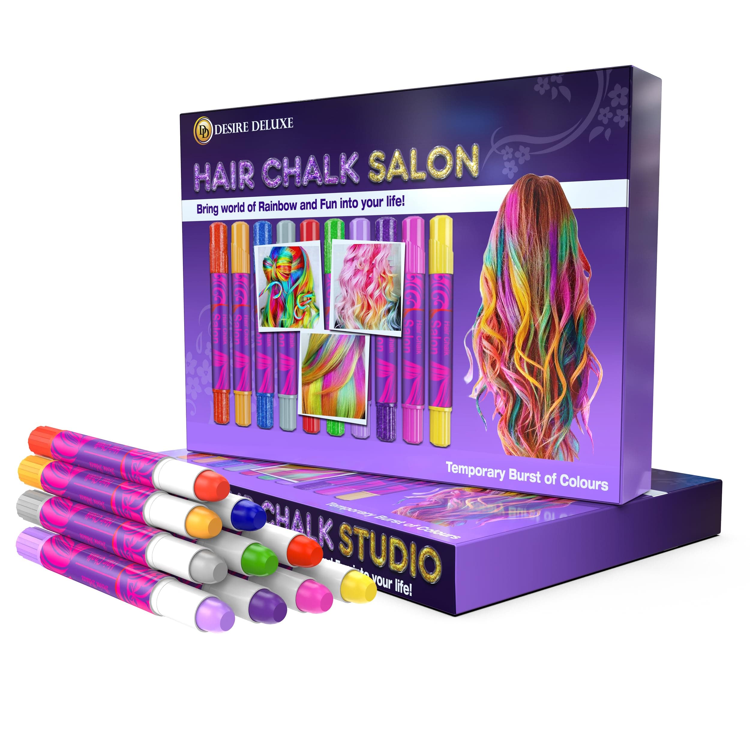 Desire Deluxe - Girls Gifts Hair Chalk 10 Temporary Non-Toxic Easy Washable Hair Dye Colourful Pens