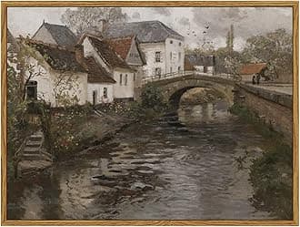 InSimSea Framed Canvas Wall Art Vintage Decor, Landscape Wall Art, Riverside Small Town Pictures Home Decor, Rustic Farmhouse Wall Print for Bedroom Living Room, 12"x16"