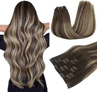 MAXITA Human Hair Extensions Clip in, 7pcs 12 Inch Balayage Chocolate Brown to Honey Blonde 80g, Real Human Hair Extensions Clip in Straight Natural Hair Extensions for Woman