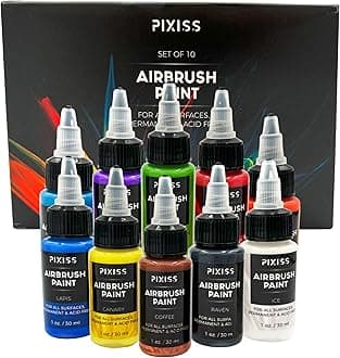 Pixiss Air Brush Painting Set - 10 Colors of Acrylic Paint for Airbrush Kit - Acrylic Airbrush Paint Set for Model Paint Kit - Vibrant Pigments for Various Surfaces