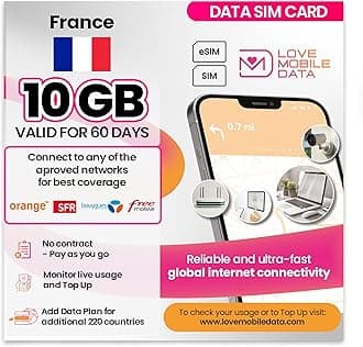 Love Mobile Data Only Sim Card - International Multi-Network 4G/5G Prepaid Pay As You Go Data Sim for Mobile Phones, WiFi Routers, & More, UK (O2, Three & Vodafone) & France - 10GB for 60 Days