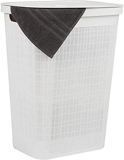 Mind Reader 60L Slim Laundry Hamper, Clothes Basket, Lid, Linen Design, Plastic, White