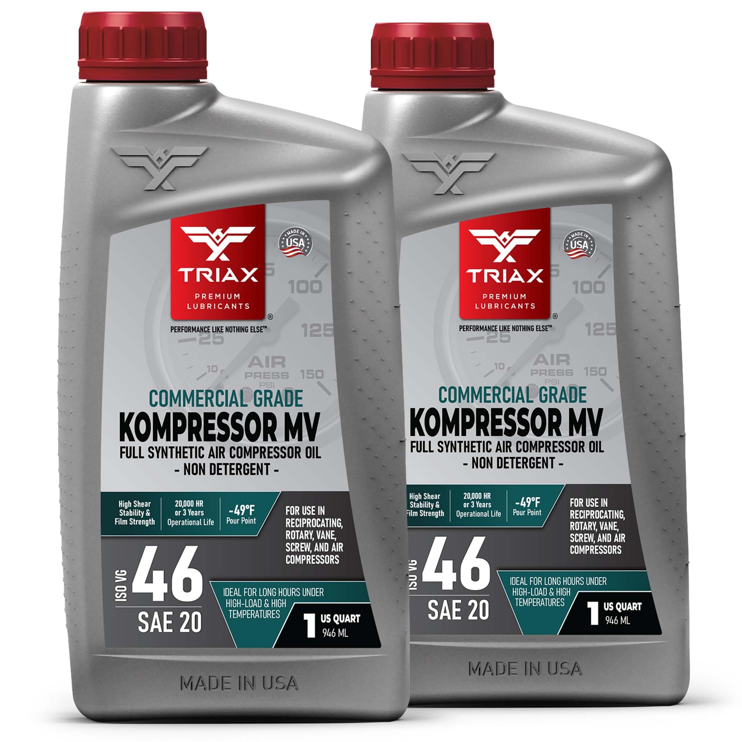 Kompressor ISO 46 SAE 20, Full Synthetic, Multi-Vis Air Compressor Oil | for Rotary, Vane, Screw, and Reciprocal | Commercial Grade | High Temp | Non-Detergent (2 Quart Pack)