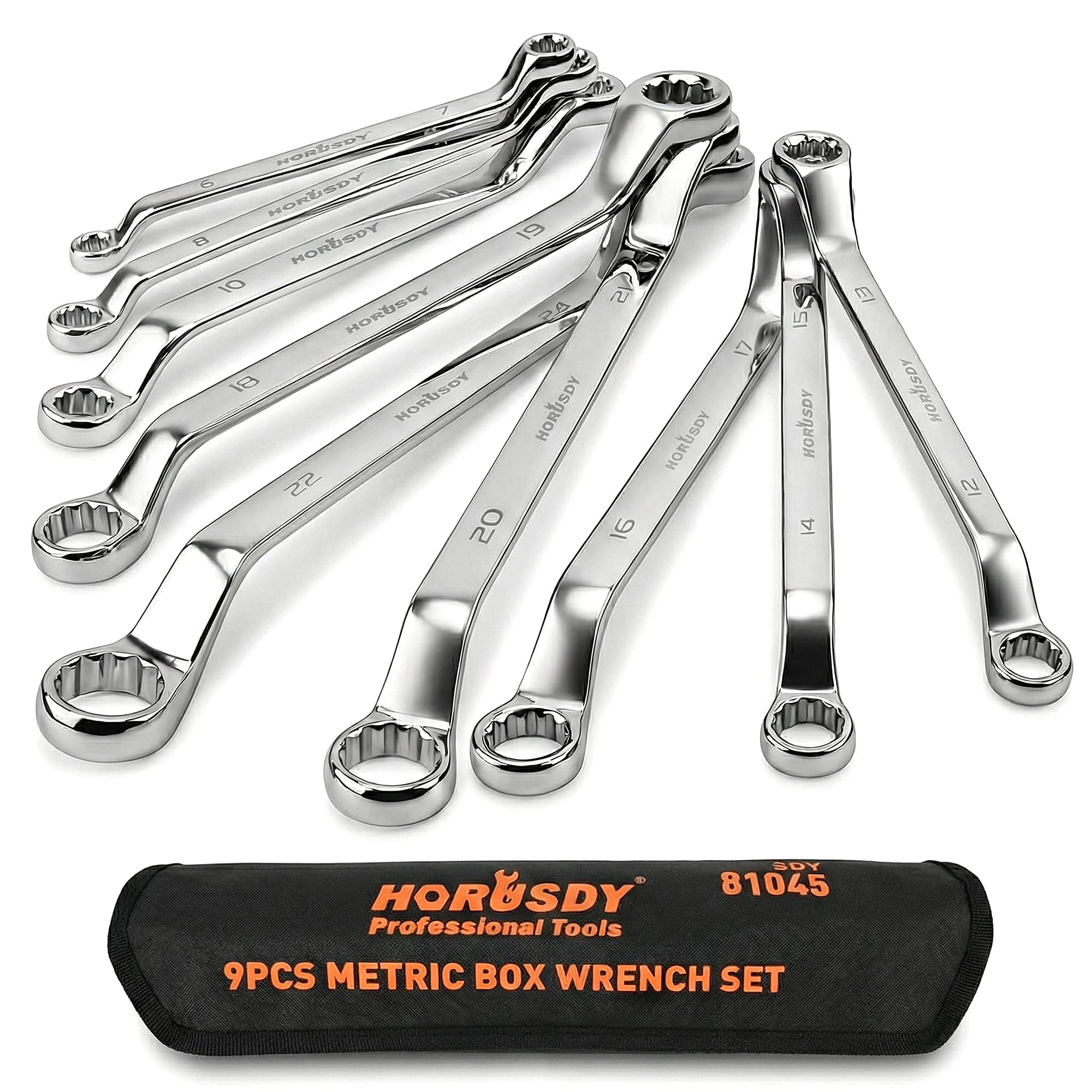 9-Pieces Metric Offset Box Wrench Set with Rolling Pouch, 50-Degree, Metric 6-24mm, CR-V Steel