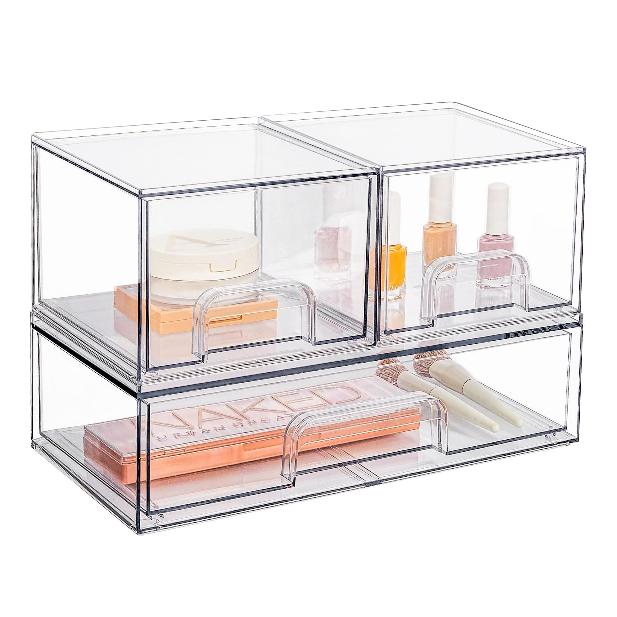 Stackable Storage Drawers Set of 3, 12.1“ Wide and 4.4'' Tall Clear Plastic Organizer Bins for Makeup, Cosmetics, Beauty Supplies,Ideal for Vanity, Bathroom,Cabinet,Pantry,Kitchen Organizer