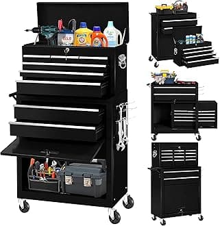 INTERGREAT8-Drawers Tool Chest, Assembled Rolling Tool Chest with Wheels, Detachable Top Tool Box, Tool Cabinet for Repair Room,Warehouse, Rolling Tool Box with Hooks,Tray Divider,Liners(Black)