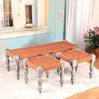 Ikiriya Hamilton Sheesham Wood Vintage 3+1+1 Seater Maachi Bench/Charpai/Khatiya/Rajasthani Traditional Settees/Recamiers with 2 Stools in Orange Rope Canning for Living Room | Bedroom