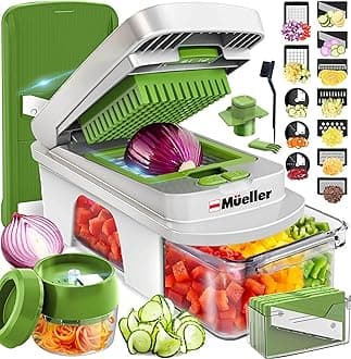 Pro-Series All-in-One, 12 Blade Mandoline Slicer for Kitchen, Food Chopper, Cucumber Slicer and Spiralizer, Cutter, Dicer, Grater, Gifts for Mom, Kitchen Essentials, White Sand/Green