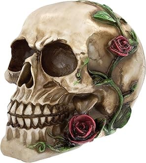 READAEER Human Skull with Rose Resin Statue Small Size Head Sculptures Skull Collectible Figurines