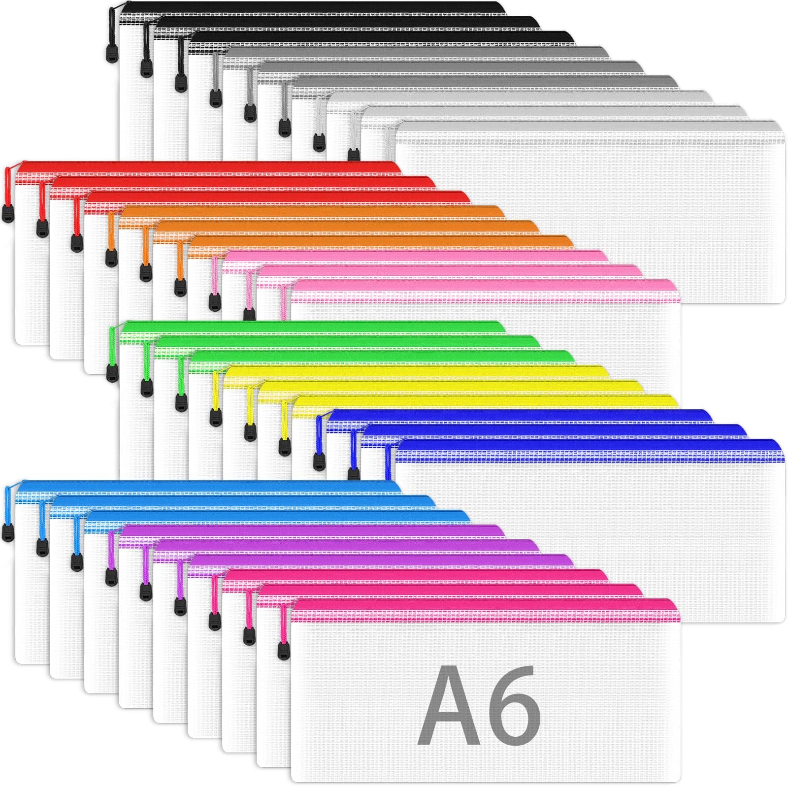 Smarpau A6 Mesh Document Bag, 36PCS Clear Pencil Case Plastic Wallets Zip Lock Bags Storage Pouch File Folder Zipper Bags Document Folders for School, Home, Office and Travel (12 Colours)