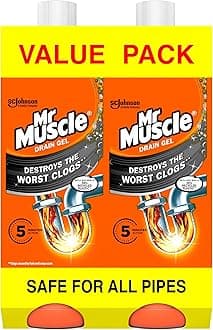 Mr Muscle Drain Unblocker, Sink & Drain Cleaner (2 x 1L) Fast Acting Heavy Duty Drain Gel, Dissolves Clogs, Works 3x Better Than Bleach, Safe for All Pipes, Duo Pack