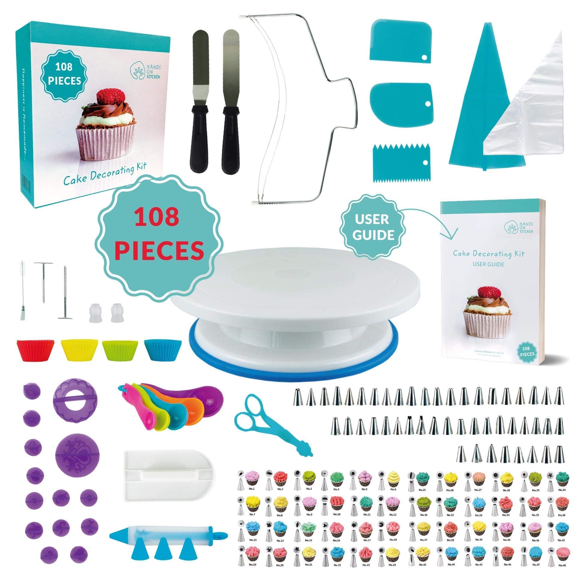 108 Pcs Cake Decorating KIT | Non-Slip Turntable | Leveler 2-Wire | 48 Numbered Icing Tips | Straight & Angled Spatulas | 10 Pastry Bags & Silicone Bag | 2 Flowers Nails & Lifter | Gift Box