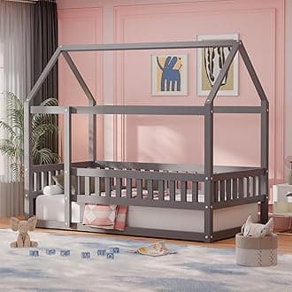 Gray Twin House Floor Bed, Montessori Bed Frame with Secure High Fence, Multifunctional Cozy Nook for Play & Sleep, No Weight Limit, Easy Setup