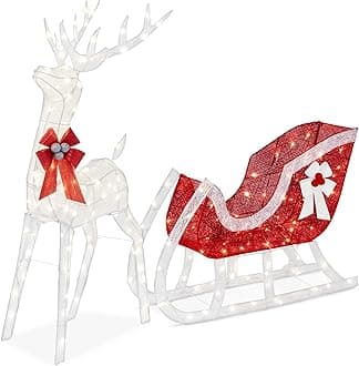Best Choice Products Lighted Christmas 4ft Reindeer & Sleigh Holiday Outdoor Yard Decoration Set w/ 205 LED Lights, Stakes, Zip Ties - White