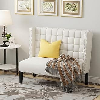 Andeworld Modern Loveseat Settee Bench Sofa Couch, Upholstered Banquette Dining Bench with Back for Dining Living Room Hallway or Entryway Seating,White