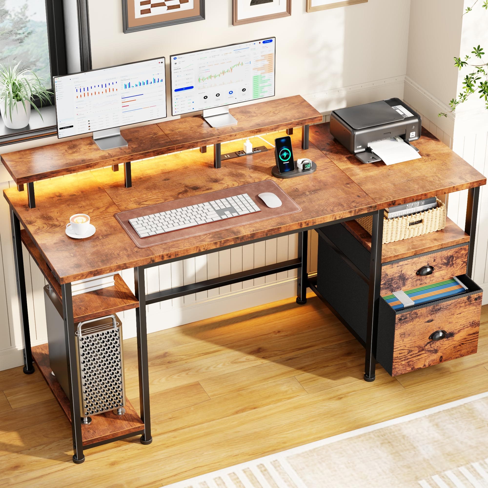 61" Computer Desk with Power Outlet & LED Lights, Reversible Gaming Desk with File Cabinet & Monitor Stand for Home Office, Writing Study Table with Storage Shelves and Drawer, Rustic Brown