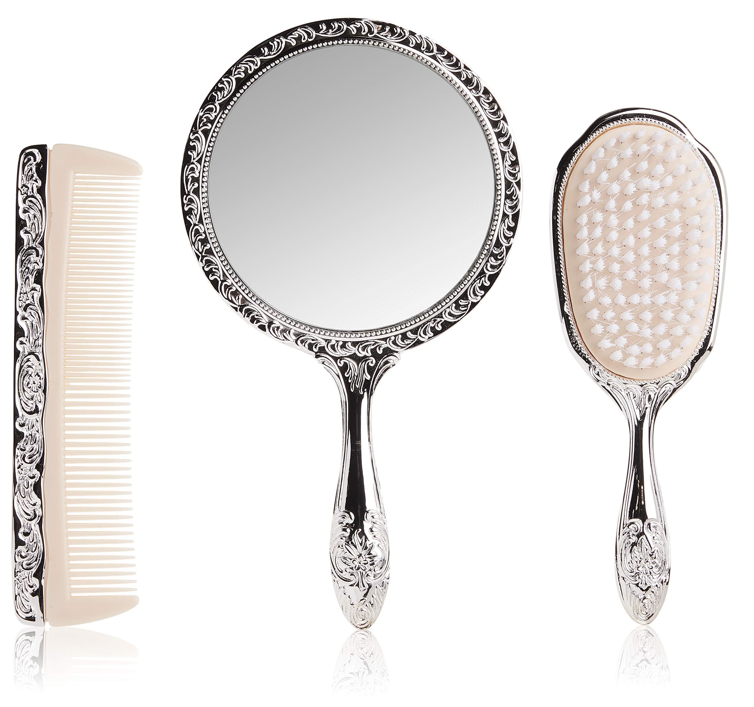 3 pc Silver Chrome Girls Vanity Set Comb Brush Mirror.