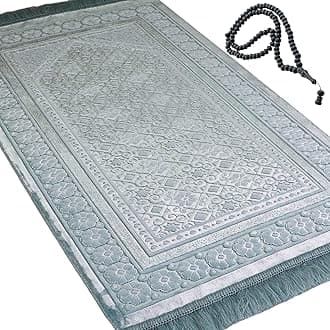 Modefa Velvet Prayer Rug - Soft Plush Turkish Janamaz Sajada Carpet for Men and Women - Plain Solid Prayer Mat Ramadan Eid Gift - with Prayer Beads - Luxury Floral Stamp (Light Blue)