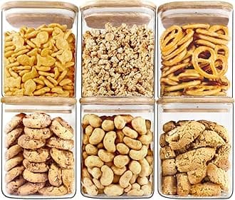 Square Wooden Lid, Glass Jar Food Storage Containers Set, Airtight Food Jars with Kids Kitchen Canisters for Sugar, Candy, Cookie, Rice and Spice Jars (800ML SQUARE JAR, 6 PCS) Transparent