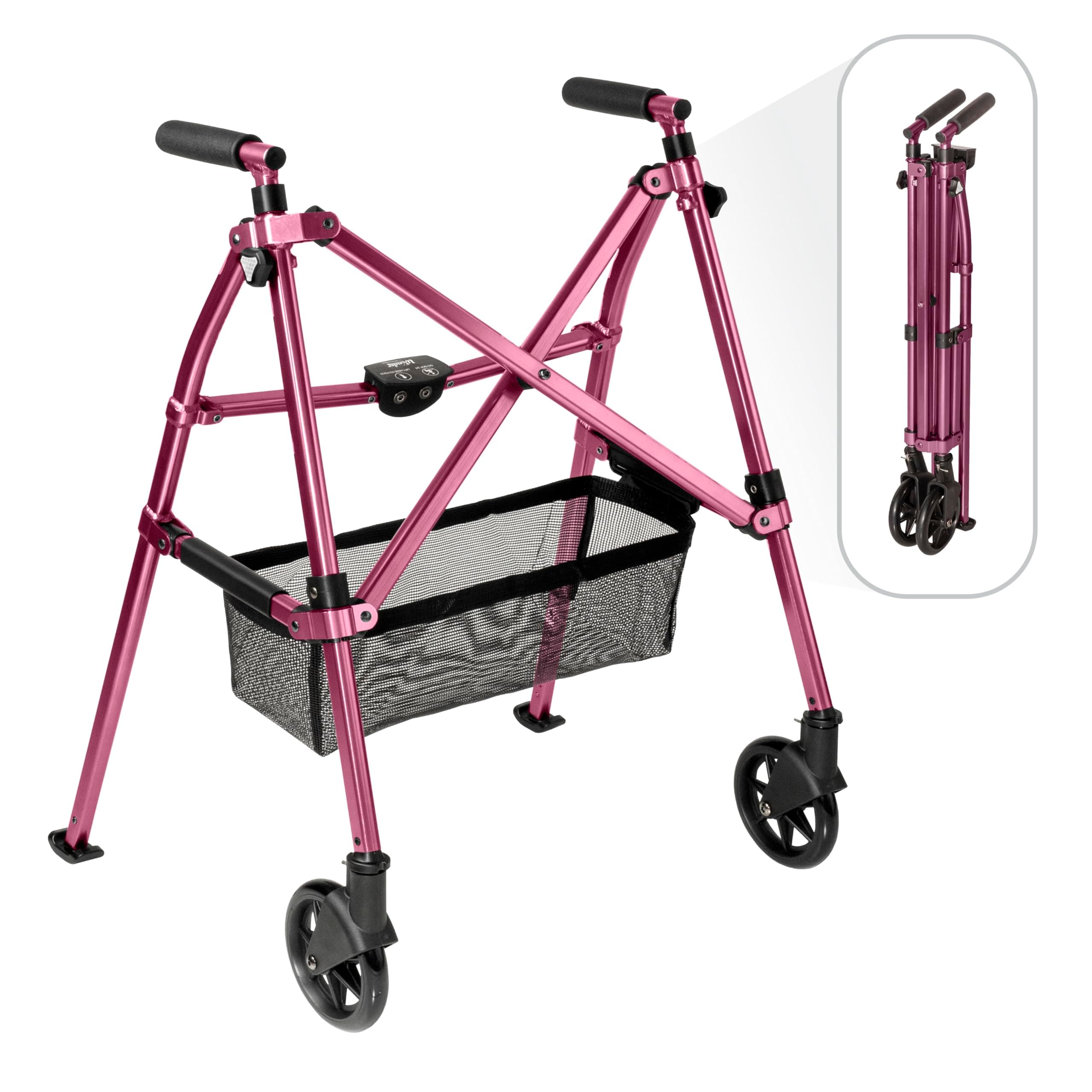 Stander EZ Fold-N-Go Walker Micro, Lightweight Folding Walker for Short Seniors with Swivel Wheels, Regal Rose (Eligible for VAT Relief in The UK)