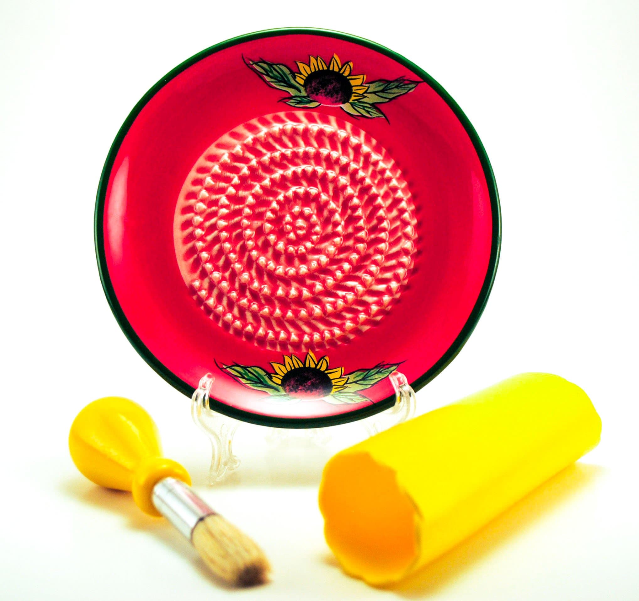 All-in-one Ceramic Garlic Grater set by- CA prime products - Red Sunflower design with Garlic Peeler, Kitchen Brush, and BONUS Display Stand!