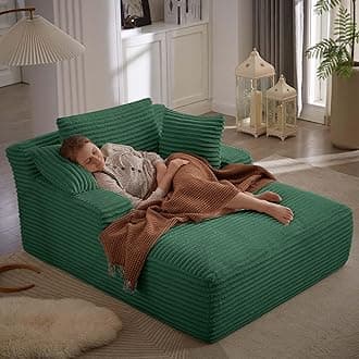 GNIXUU Oversized Chaise Lounge Chair Indoor, Comfy Fluffy Lounge Sofa Upholstered Sleeper Sofa Couch with Throw Pillows and Armrests, Corduroy Plush Chair Bed for Living Room, Green