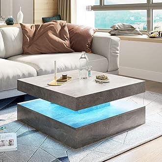 Grey Square Coffee Table for Living Room, Modern Coffee Tables with Storage, LED Light Coffee Table 2-Tier Square Middle Center Table,Contemporary Wood Tea Tables for Dining ﻿