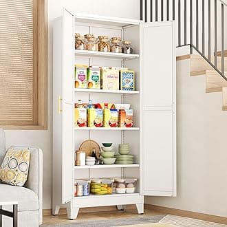 White Pantry Storage Cabinet,71" Kitchen Pantry with Doors and 4 Adjustable Shelves, Metal Storage Cabinet, for Office, Home, Garage, School