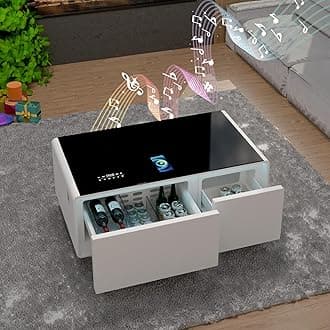Smart Coffee Table, Living Room Table with Built in Fridge, 23" D x 41.5" W x 18.2" H, 15W Wireless Charging, USB Chargers and Speakers (LT90, White)
