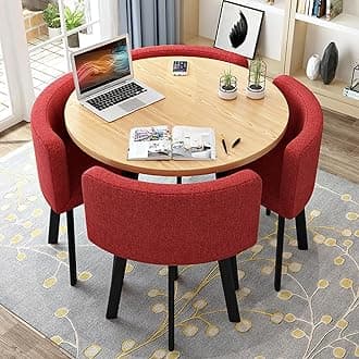 Round Kitchen Dining Table Set for 4, Space Saving Table and Chairs Set with Thick Tabletop 4 Upholstered Chairs, Dinning Room Modern Casual Coffee Table Set(D 31.5inch/80cm, Red)