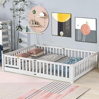 Tatub Queen Floor Bed with Safety Guardrails and Slats, Toddler Floor Bed Frame Queen Size for Girls and Boys, Wood Montessori Floor Bed for Kids, Queen-White