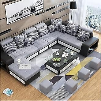 Oxtem ; The Furniture World U Shape 9 Seater Fabric Sofa Set With Tea Table & 4 Puffy 2 + 2 + 2 + 1 + 1 + 1 (Gray),Pre-Assembled (Oxtem006) - 11 Seater, Grey