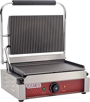 Kratos Commercial Electric Panini Sandwich Grill with Grooved Top and Smooth Bottom Plates, 14" x 9" Cooking Surface, Commercial Countertop Panini Press, 120V, 1750W (29Y-022)
