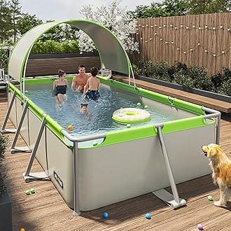 Metal Frame Swimming Pool Summer Rectangular Above Ground Pools Folding pool with shed roof Outdoor Lounge Pool for Adults Kids (Non-inflatable installation)(Size:3.9m)