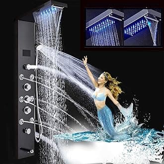 FUZMONOERE FUZ Contemporary Shower Panel Tower System Stainless Steel 6-Function Faucet LED Rainfall Waterfall Shower Head + Handheld Sprayer + Rain Massage Body Jets + Tub Spout, Black.