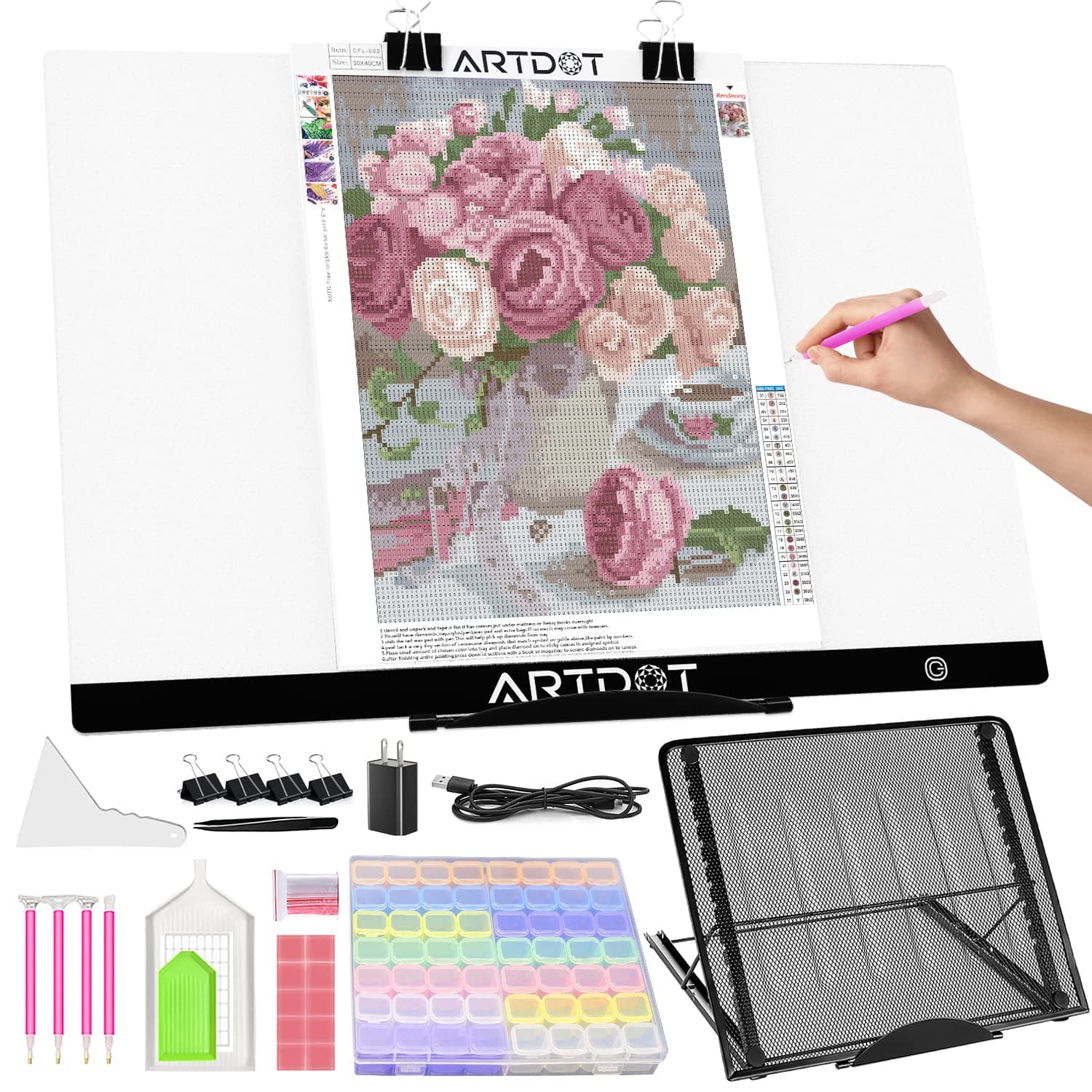ARTDOT A2 LED Light Pad for Diamond Painting USB Powered Light Board Kit, Adjustable Brightness with 12 Angles Stand and Clips