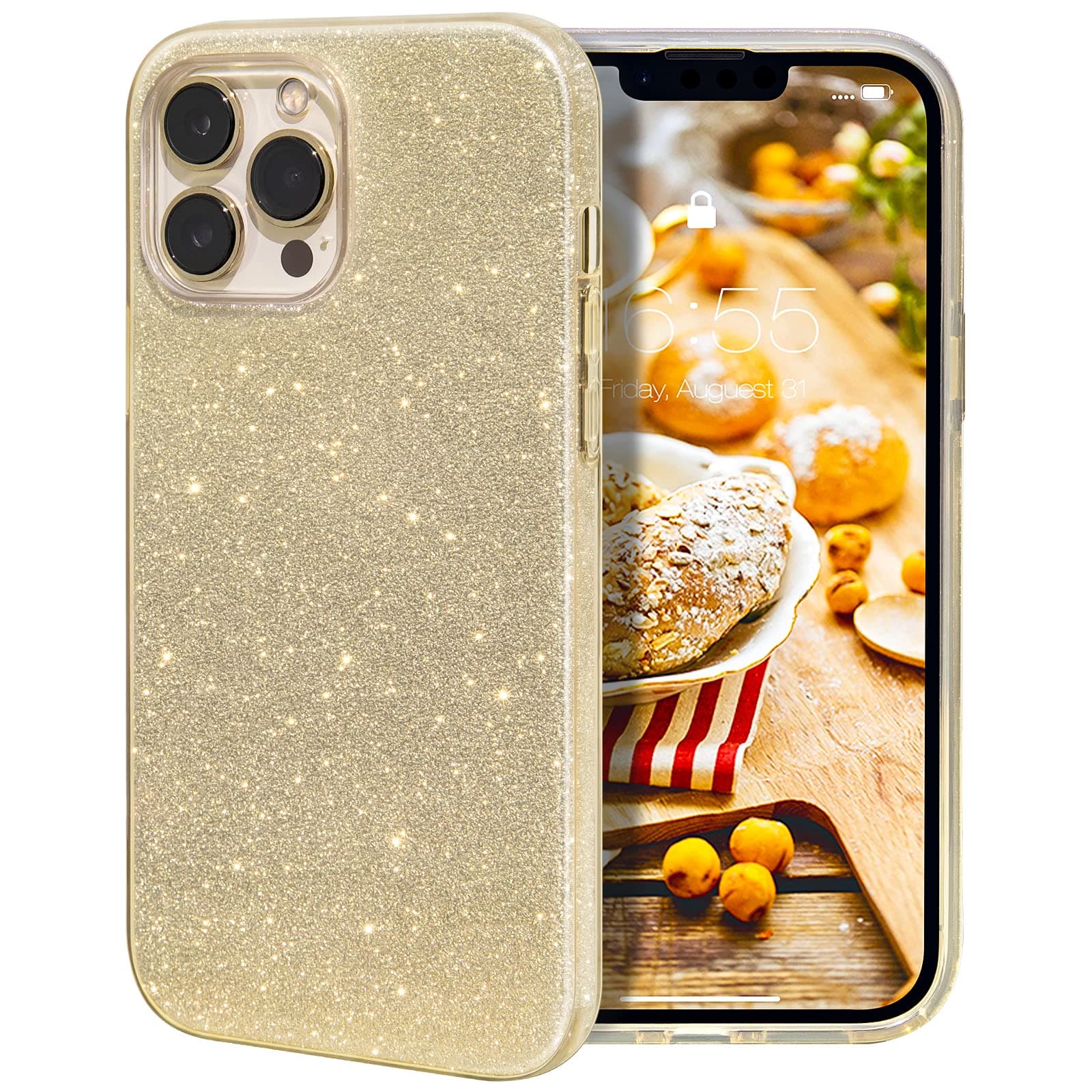 MILPROX Compatible with iPhone 13 Pro Max Case (2021), Glitter Sparkly Shiny Bling Rubber Gel Shell Cases 3 Layers Shockproof Protective Bumper Cover for iPhone 13 Pro Max 6.7" 2021-Gold