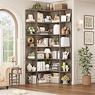 FOTOSOK 74” Tall Corner Bookshelf, 6-Tier Bookshelf and Bookcase with Open Storage, Tall Bookcases Wooden Storage Shelves for Home Office, Thickened Boards for Better Load Bearing, Vintage Grey