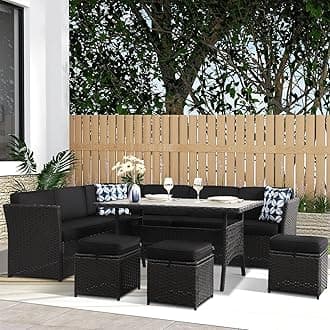 7 Pieces Patio Furniture Set, Outdoor Patio Furniture, Wicker Conversation Set with Dining Table, Chairs and Ottoman (17 Modern Black)