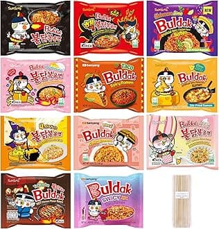 Pinstar Premium Samyang Spicy en Ramen 11 Flavor Variety Pack - FREE Chopsticks - Korean Buldak Ramen Noodles (11 Pack)