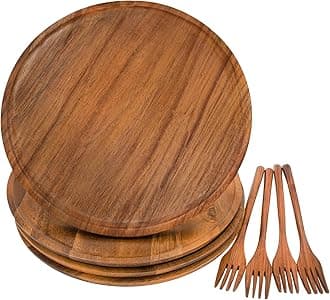 Wooden Plates, Wood Dinner Plates with Forks, Reusable Handmade Natural Wood Flatware Set for Cooking, Eating, Housewarming, Christmas Gift (Set of 4, Large 11" x 11")