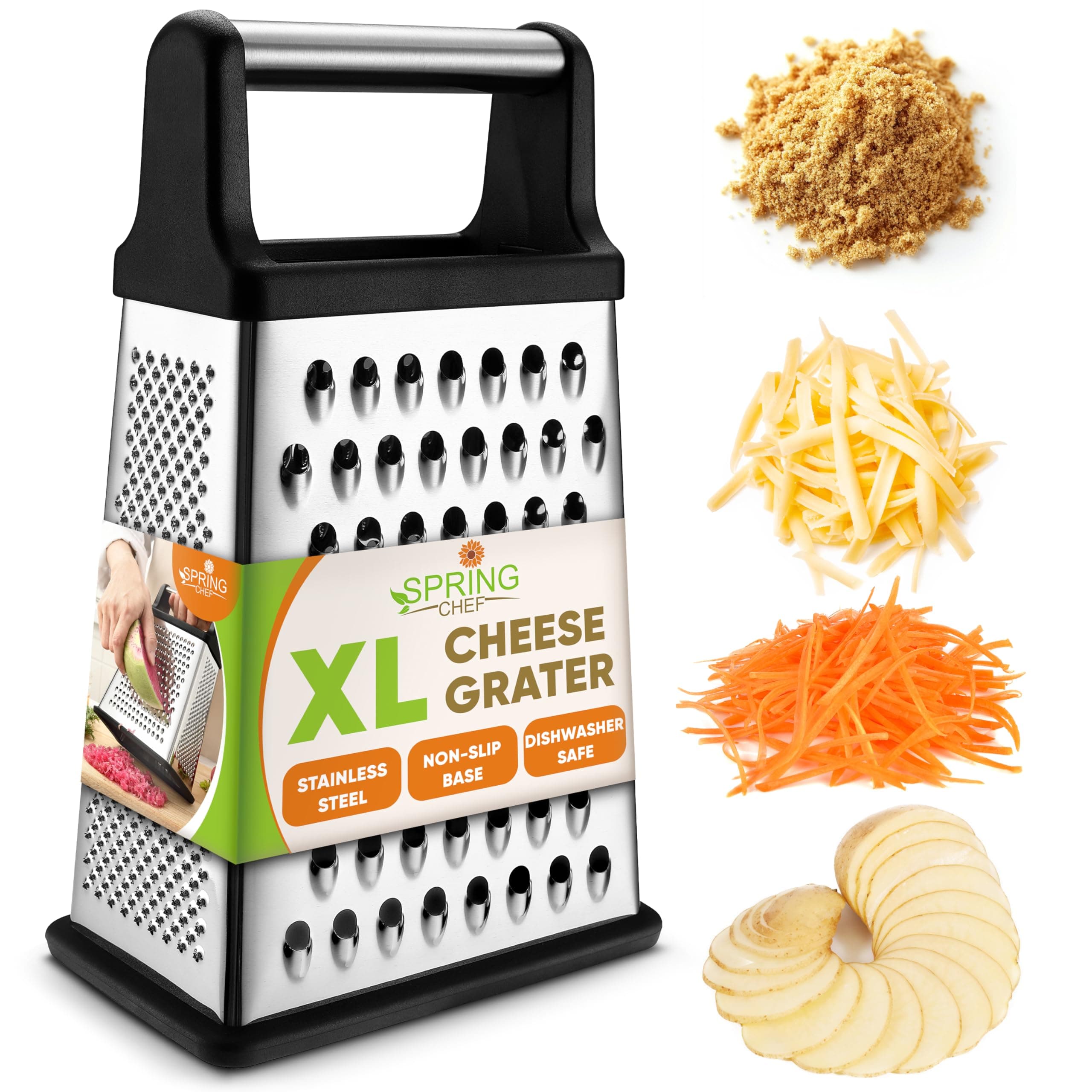Spring Chef Professional Cheese Grater - Stainless Steel, XL Size, 4 Sides - Perfect Box Grater for Parmesan Cheese, Vegetables, Ginger - Dishwasher Safe - Black