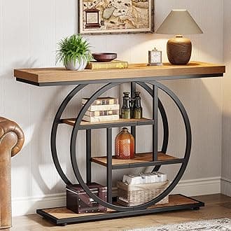 Tribesigns 41.3" Console Table, Industrial 4-Tier Sofa Table Entryway Table with Circle Base, Narrow Wood Accent Tables with Storage Shelves for Living Room, Hallway, Foyer, Light Brown