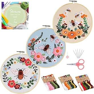 Santune 3 Pack Bee Embroidery Kit for Beginners Adult Cross Stitch Kits Hand Embroidery with Animal Patterns and Instructions,DIY Sets for Women with Hoop,Threads and Needles