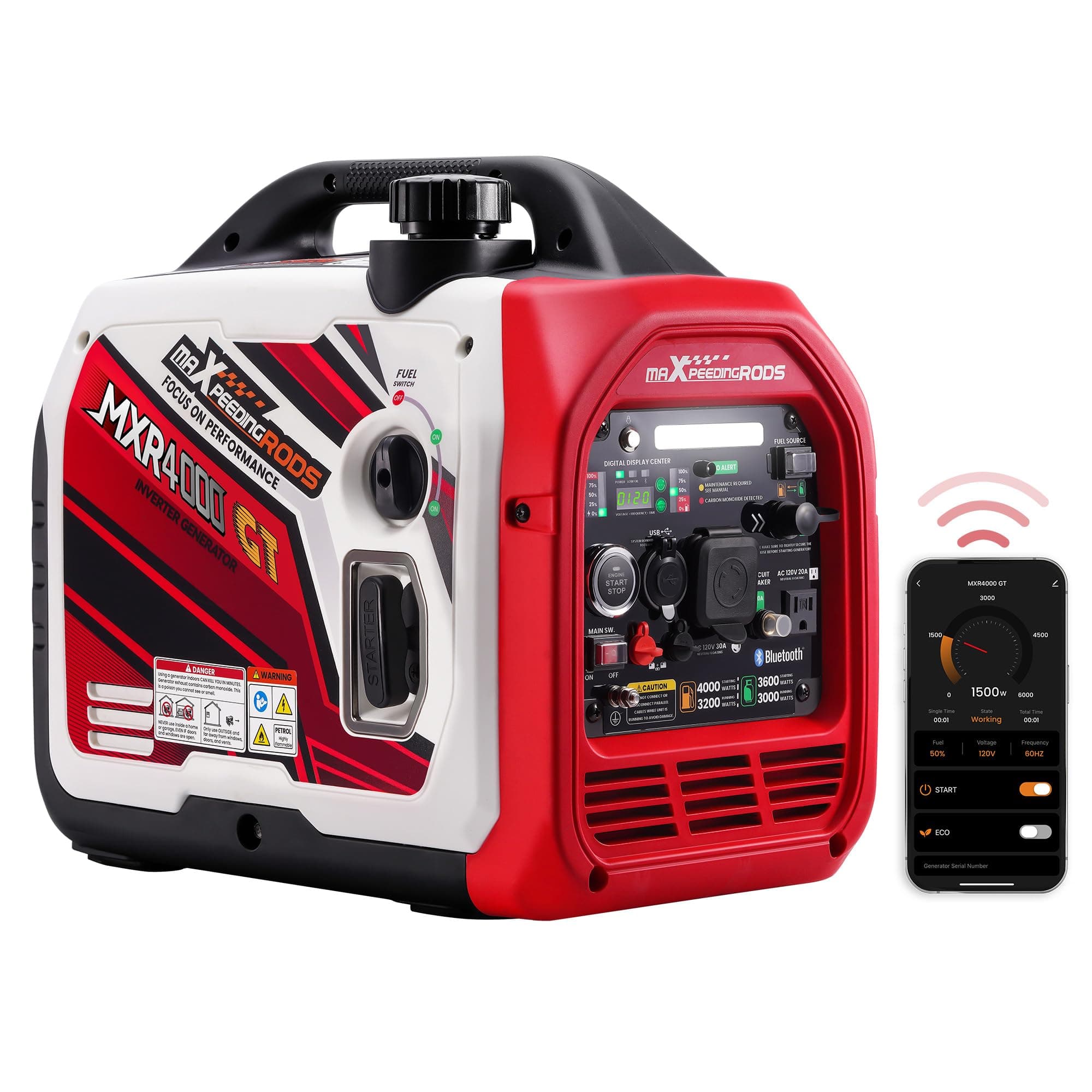 4000 Watt Dual Fuel Inverter Generator with Bluetooth® Control Start and Display, RV Ready, Electric Start, Quiet for Outdoor Camping, Home Backup, Garden，PGMA Compliant