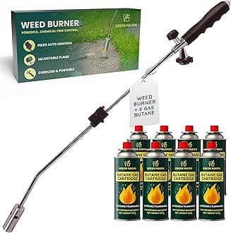 Weed Burner with 8 Butane Gas Canister - Auto Ignition, Adjustable Flame Butane Weed Burner, Flame Thrower for Weeds Wand Burner for Driveways & Patios
