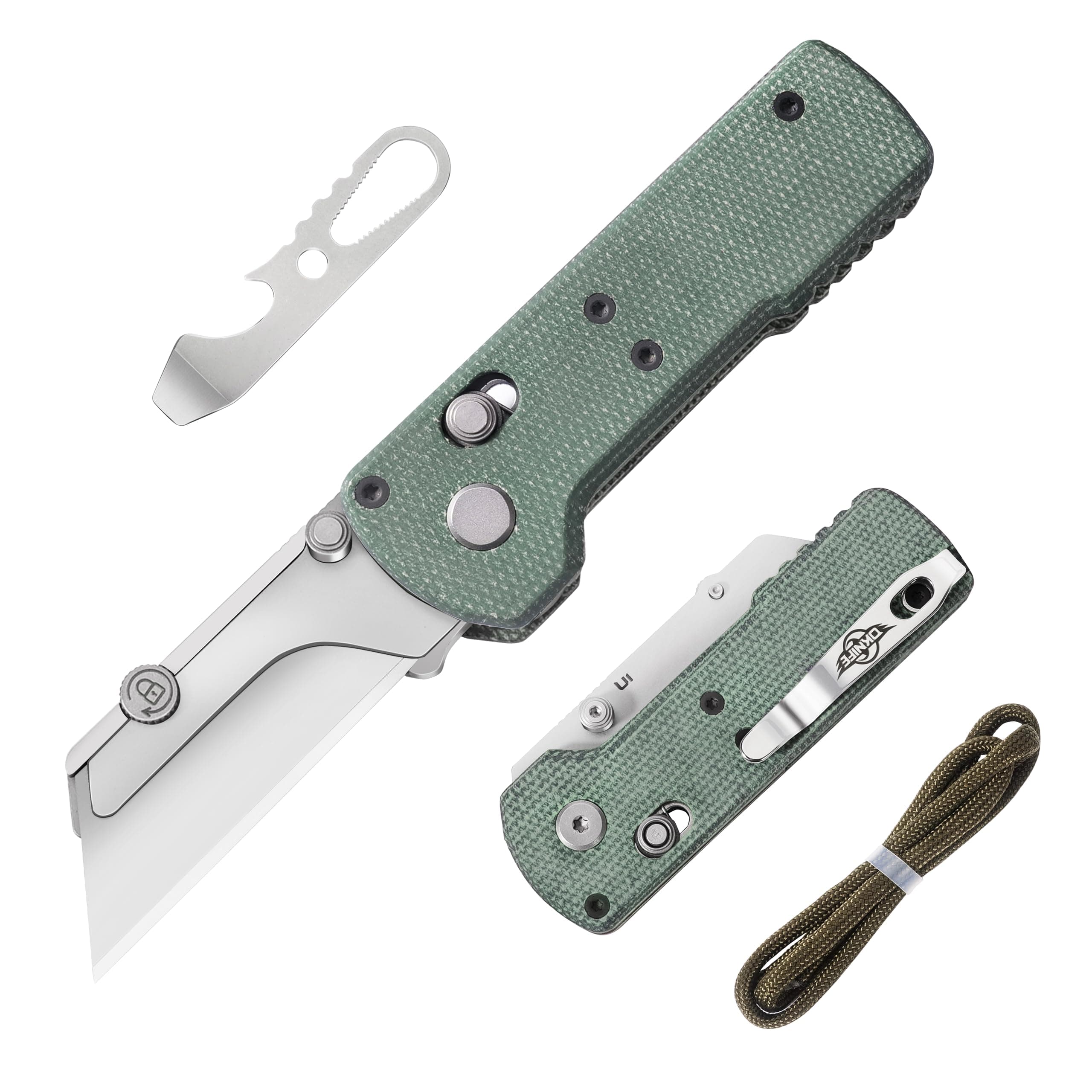 OKNIFE Otacle U1 Folding Utility Knife, Quick Change Box Cutter with Rail Lock, EDC Razor Knife with Pocket Clip for Office, Factory (Green Micarta)